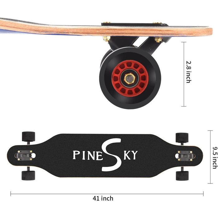 Лонгборд Скейтборд 9-шаровий Natural Maple Повний скейтборд Круїзер для круїзів, карвінгу, вільного стилю та швидкісного спуску з T-Tool The Owl, 41