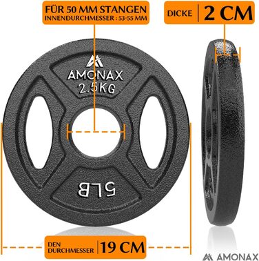 Набір чавунних вагових пластин Amonax, 2,5 кг, 5 кг, 10 кг Набір гантелей для олімпійських ваг 25 мм і 50 мм Гантель, металеві вагові пластини для важкої атлетики та тяги стегнами, вагові пластини для домашнього тренажерного залу (50 ММ - 2,5 КГ x 4)
