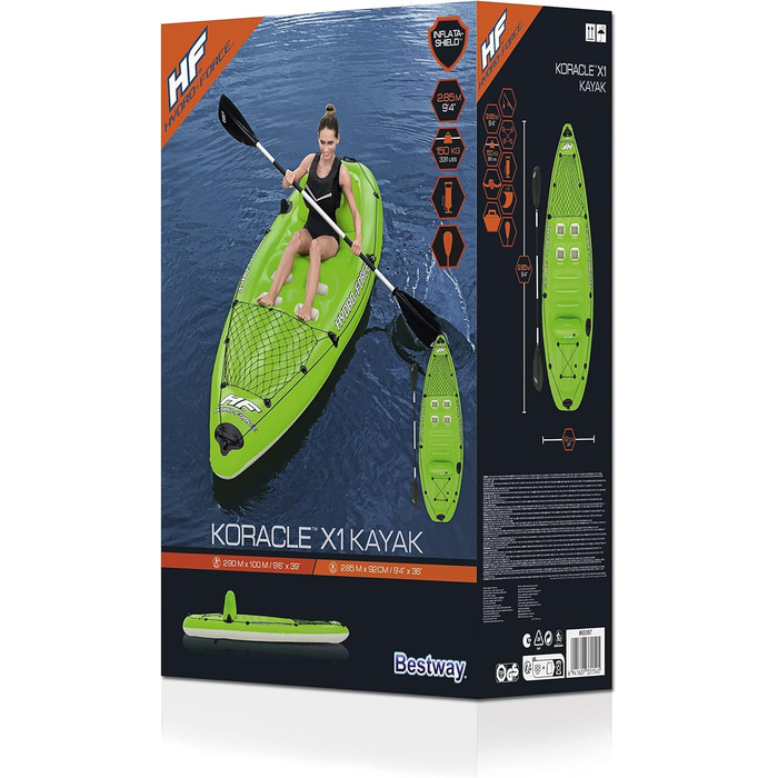 Надувний каяк Bestway Hydro-Force Koracle для риболовлі, комплект: ручний насос, весло, сумка, 1-місний човен, різні стилі