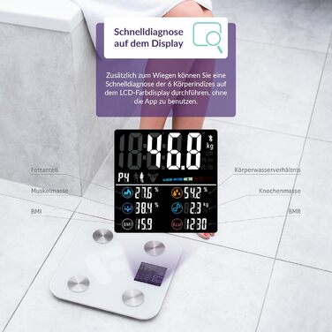 Ваги для ванної кімнати TrueLife FitScale W6 BT цифрові, ваги для тіла Bluetooth, ваги людей, 19 вимірювань, кольоровий РК-дисплей, до 8 користувачів, ваги з жиром і м'язовою масою, мобільний додаток