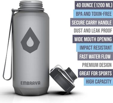 Пляшка для води Embrava 1.2 л з широким носиком і ручкою для перенесення, з міцного тритану без BPA/BPS, не протікає, для спорту, фітнесу, для чоловіків і жінок