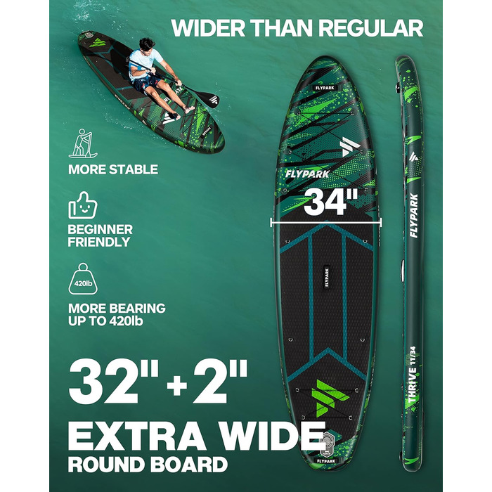 Надувна SUP-дошка Flypark 335x86x15 см, широка, для йоги, з рюкзаком 116 л, 15 D-кілець, ременем, 3 знімними плавниками, насосом