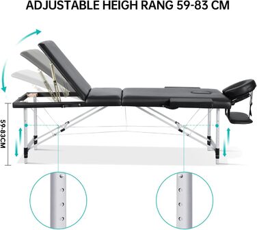 Мобільний масажний стіл Careboda Складний 3-зонний регульований по висоті масажний стіл алюмінієвий з підголівником і підлокітниками та сумкою для перенесення, масажна лавка для косметики, спа, салон, тату