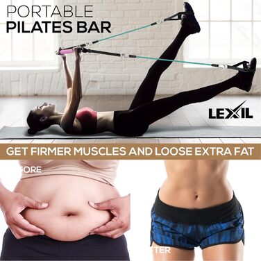 Портативний набір вправ LEXIL Pilates Bar, штабельований, 3 пари стрічок опору (15, 20, 13,6 кг) - домашнє обладнання для чоловіків і жінок, набір тренувань для тонізації тіла, з відео з фітнесом (багатофункціональний (рожевий))