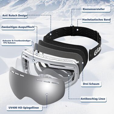 Гірськолижні окуляри GlaRid для чоловіків, жіночі, OTG Ski Goggles Безкаркасні окуляри для сноуборду для тих, хто носить окуляри, Снігові насадки для дорослих Захист проти запотівання 100 UV400 (срібло)