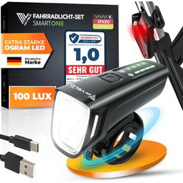 Комплект велосипедних фар MIVELO SMART 100LUX, LED, 2000mAh акумулятор, авто-сенсор, USB зарядка, водонепроникна, StVZO, передня і задня лампа, енергоефективність A+++