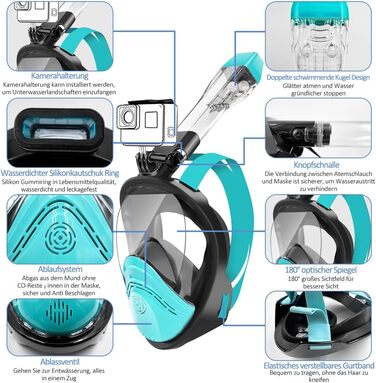 Маска для дайвінгу HINATAA, маска для підводного плавання, набір трубок проти запотівання на 180, окуляри для дайвінгу, сумісні з камерами, подвійний плаваючий м'яч Маска для підводного плавання всього обличчя Дорослі діти S/M Чорний Зелений