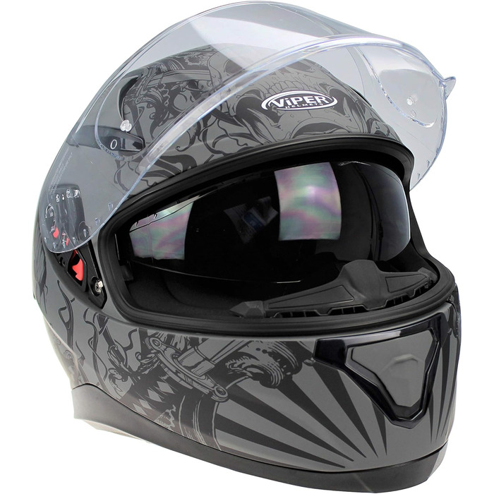 Мотоциклетний шолом ViPER RSV95 для дорослих, повнолицевий, з сонцезахисним козирком, ECE/ACU сертифікований, унісекс, матовий чорний/череп сірий, розмір L