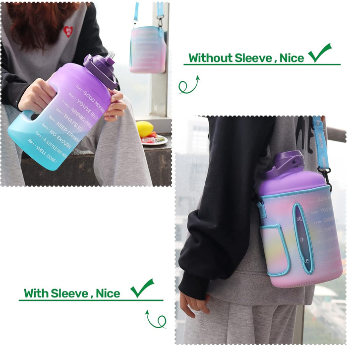 Пляшка для води QuiFit 3.8 л з трубочкою, мотиваційною розміткою, BPA Free, для спорту, фітнесу, герметична, з чохлом, лілово-синя