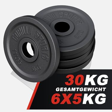 Вагові пластини GORILLA SPORTS Olympia - 1,25 кг, 2,5 кг, 5 кг, 10 кг, 15 кг, 20 кг, 25 кг, 30 кг, діаметр отвору 50 мм, чавун, одинарний/комплект - вагові пластини, набір вагових пластин, гантелі (30 кг (6x5 кг))