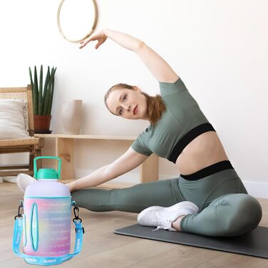 Пляшка для води QuiFit 3,6 л з трубочкою, мотиваційною розміткою, BPA-free, герметична, для спорту, фітнесу, вуличних занять, багаторазова, фіолетово-зелена