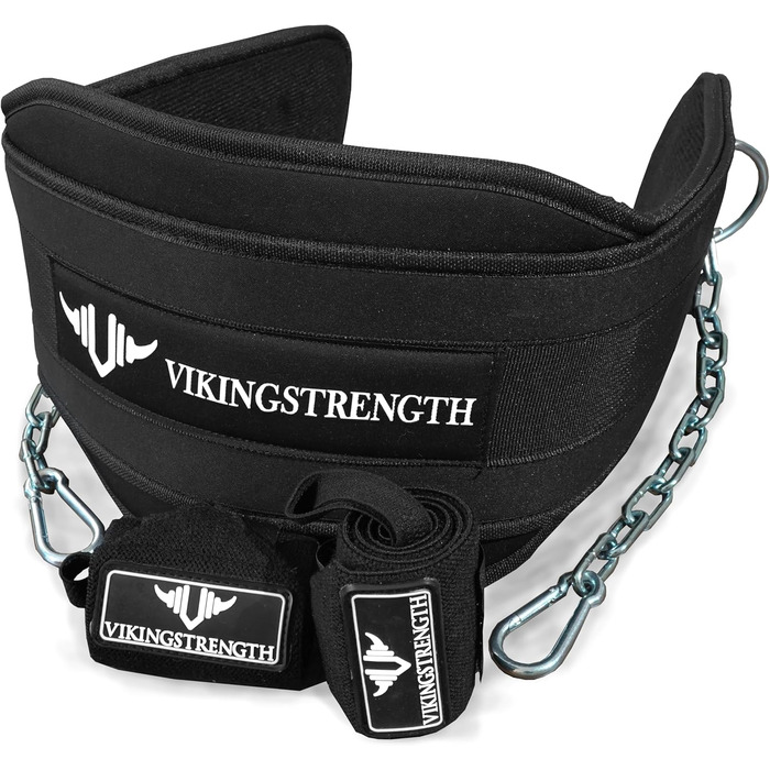 Джгут для дайвінгу Vikingstrength для важкої атлетики в т.ч. бандажі на зап'ястя Преміальний м'який ремінь з довгим ланцюгом для підтягувань, трицепсів і присідань. Пояс з обтяженням для тренувань