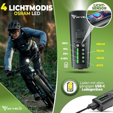 Комплект велосипедного освітлення MIVELO SMART 100 люкс, 2000 мА·год, авто-сенсор, StVZO, USB зарядка, водонепроникний, передня та задня LED фара, енергоефективність A+++