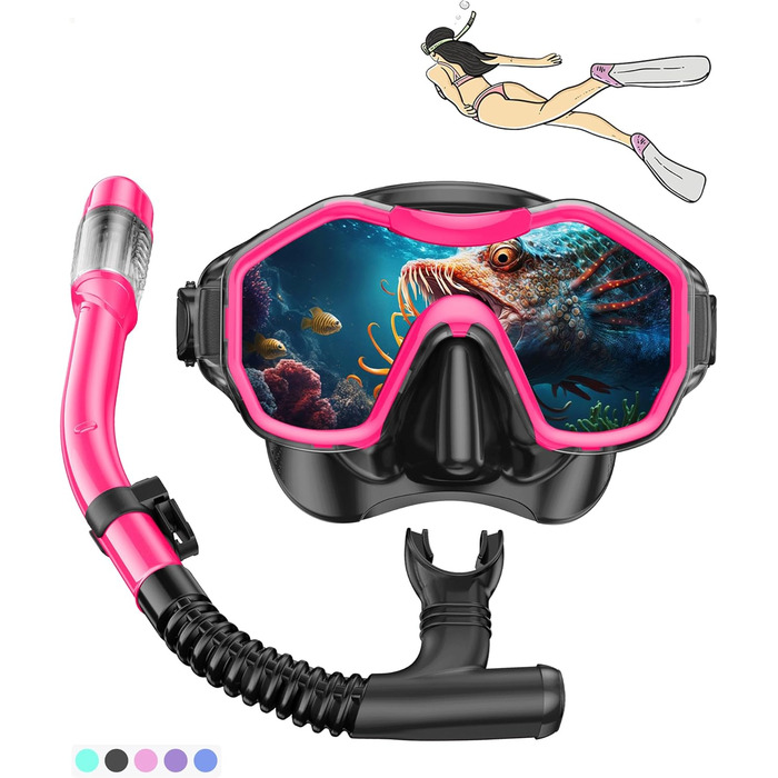 Набір iParaAiluRy Snorkel Set Дорослі окуляри для дайвінгу Дорослі з ширококутною оглядовою маскою проти запотівання, Окуляри для дайвінгу з трубкою Маска для підводного плавання дорослих для підводного плавання, плавання та дайвінгу (рожевий)