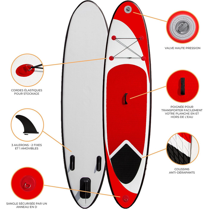 Набір надувних дощок для веслування або червона дошка для серфінгу 307 см SUP Легка 6.75 кг Водні види спорту Нековзна сумка для перенесення Ручний насос Еластичний ремінь на щиколотку 3 ласти Водонепроникний чохол для телефону (червоний)