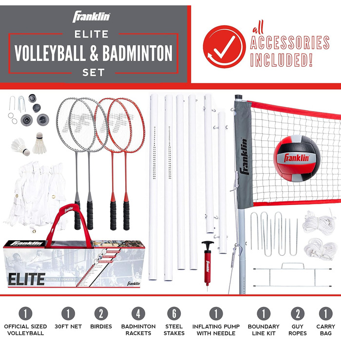 Комбіновані набори для бадмінтону Franklin Sports Volleyball Badminton Backyard Пляжний волейбол на відкритому повітрі Набір сіток для бадмінтону - Портативний бадмінтон волейбольна сітка з брусами - Волейбол, Ракетки Пташки (Elite)