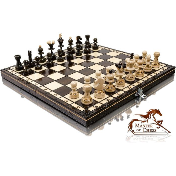 Шахова дошка з дерева преміум-класу Master of Chess, 35 см, складана, ручна робота, з фігурами, класичний сімейний набір (коричнева)