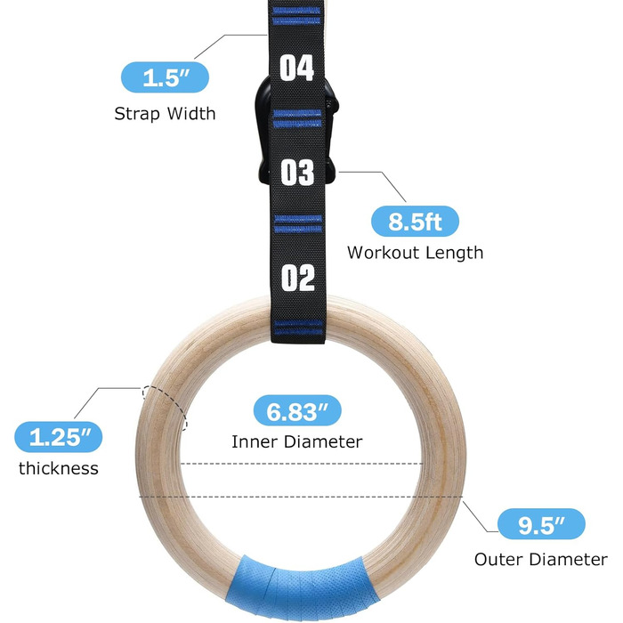 Кільця гімнастичні Zingtto дерев'яні з регульованими ремінцями, 1,25''/1,1'