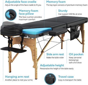 Масажний стіл Luxton Home Premium з піною Memory Foam, складаний, портативний, легкий у встановленні