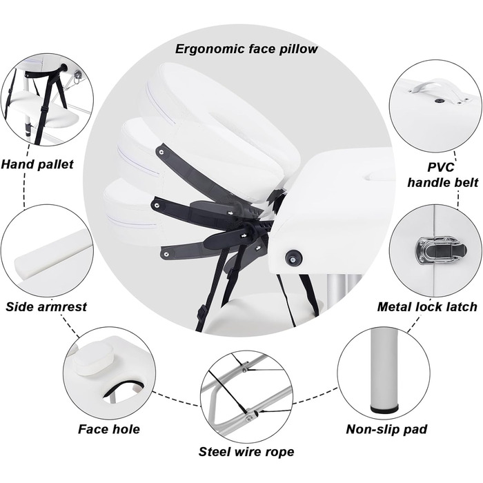 Мобільний масажний стіл VORSCH 3 зони, масажний стіл складний регульований по висоті, портативна масажна лава, косметичний столик, виготовлений з алюмінію, з підлокітниками підголівником, сумка для перенесення підставки для рук, (біла)