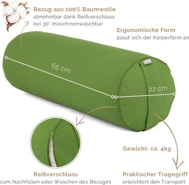 Рулон Bodhi Yoga Bolster Ø 22 см Рулет для йоги з органічною начинкою зі спельти Подушки для йоги для відновлювальної та інь-йоги Бавовняний чохол, який можна прати Подушка для пілатесу з ременем для перенесення (оливкова)