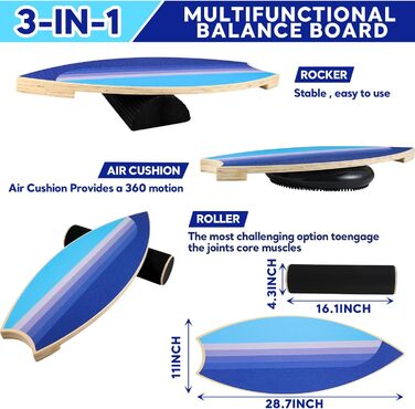 Комплекти Surf Balance Board Trainer Balance Disc Trainer з насосом Дерев'яні балансирні дошки для дорослих Тренажер для балансування вправ Тренажер стабільності для покращення балансу, постави, фітнесу, побудови, 3