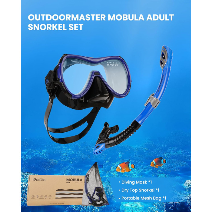 Набір для снорклінгу OutdoorMaster Mobula для дорослих: маска з загартованого скла з антизапотіванням та сухий трубка для дайвінгу, снорклінгу і плавання