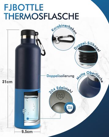Термос-бутилка FEIJIAN FJbottle 316 з нержавіючої сталі, вакуумна, 750/1000 мл, з карабіном, BPA-free, герметична спортивна пляшка для спорту, роботи та подорожей