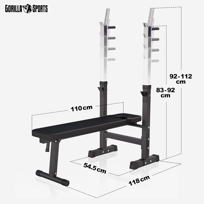 Лава для ваги GORILLA SPORTS з полицею - станція занурення, регульована висота і кут нахилу, складна, до 200 кг, чорна або біла - лава для штовхання, плоска лава, багатофункціональна, тренувальна лава