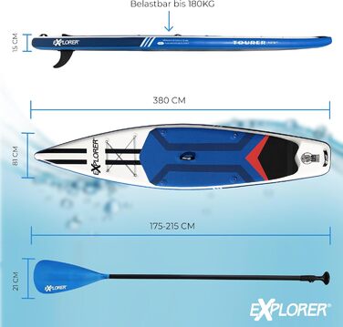 Дошка для веслування EXPLORER SUP Fusion Stand Up до 180 кг Повний комплект з алюмінієвим веслом, рюкзаком, насосом, плавником і набором патчів. (TOURER 12.6)