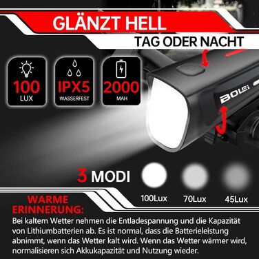 LED набір велосипедних фар 100 ЛКС, StVZO, USB, водостійкий IPX5, переднє та заднє світло з індикатором низького заряду батареї