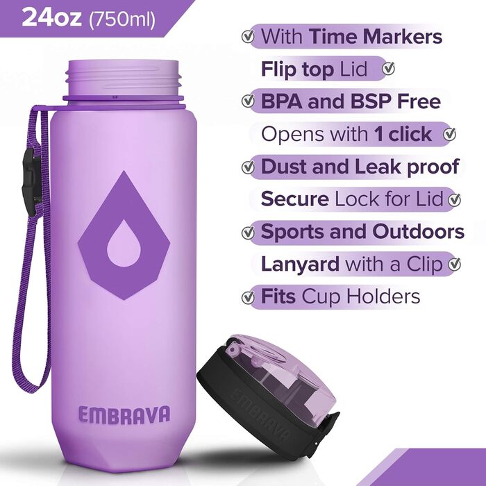 Спортивна пляшка Embrava з тайм-маркерами, 680 мл, BPA/BPS-free, для фітнесу та туризму, з кнопкою відкриття, герметична