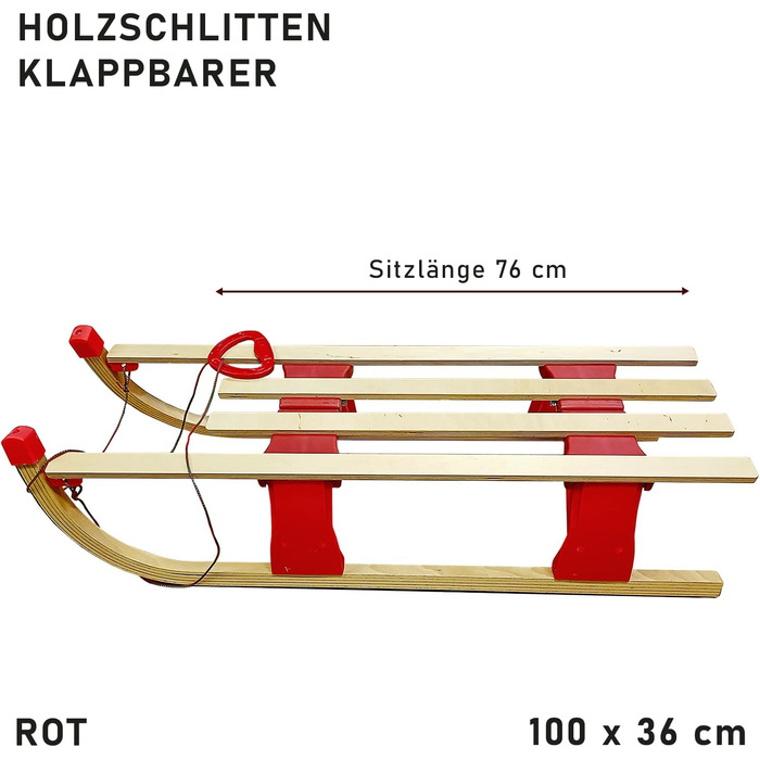 Санки складні 100 см Дерев'яні червоні з пластиком, Санчата Волосінь