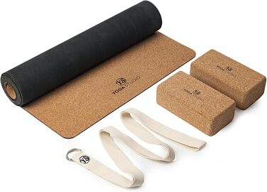 Корковий килимок для йоги, 2 x Cork Yoga Bricks (блоки), набір для йоги з ремінцем D-Ring