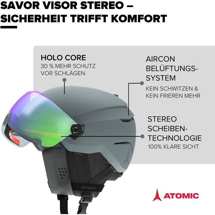 Стерео лижний шолом ATOMIC Savor Visor з козирком - Максимальна амортизація - Активна система вентиляції Aircon - Високоякісна дзеркальна кришка для чіткого зору (51-55, зелений)