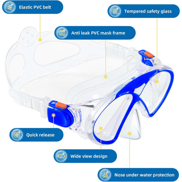 Набір трубок для дітей, Окуляри для дайвінгу та сухі трубки, Дитячі окуляри з легким диханням Суха трубка, Панорамні види Маска для дайвінгу Маска для підводного плавання Набір для дайвінгу (синій)