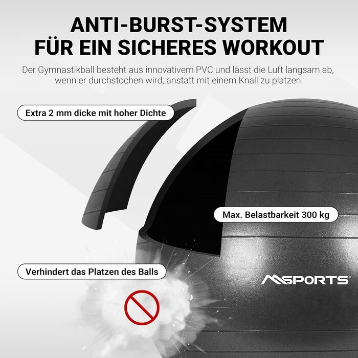 М'яч для вправ MSPORTS Anti Burst, 55-105 см, з насосом і плакатом