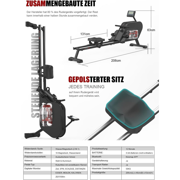 Водний гребний тренажер для дому, 16-рівневий магнітний опір, монітор Bluetooth, Kinomap, гребний тренажер з подвійним опором вантажопідйомністю 150 кг з алюмінієвою ковзаючою рейкою, тримач для планшета темно-сірий
