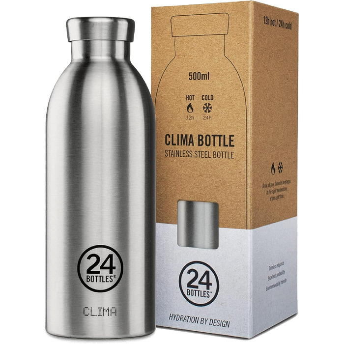 Термос 24Bottles Clima 500 мл, екологічна сталева пляшка, герметична, зберігає тепло 12 годин і холод 24 години, Brushed Steel