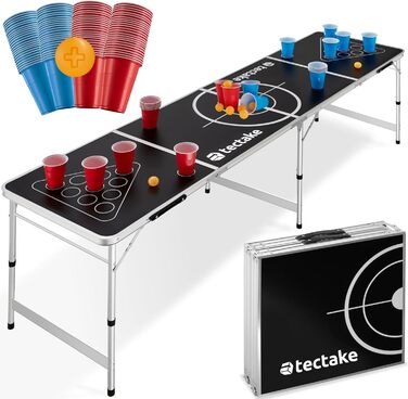 Стіл для Beer Pong tectake, складаний, регульований, з ручками, набір 100 келихів (50 червоних, 50 синіх) та 6 м'ячів, ігри для вечірок, питна гра для дорослих