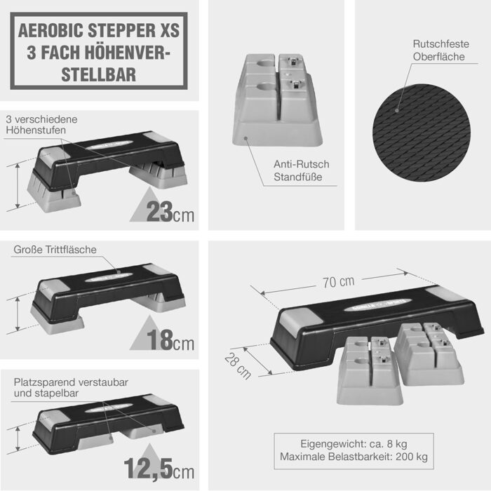 Степборд GORILLA SPORTS - регульований, не ковзає, до 200 кг, сіро-чорний, XS або XL - Аеробний степпер, Степлав, Степборд