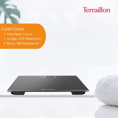 Ваги підлогові Terraillon TSQUARE, скляна платформа, ультратонкі, 26×26 см, велике LCD, до 180 кг, чорні