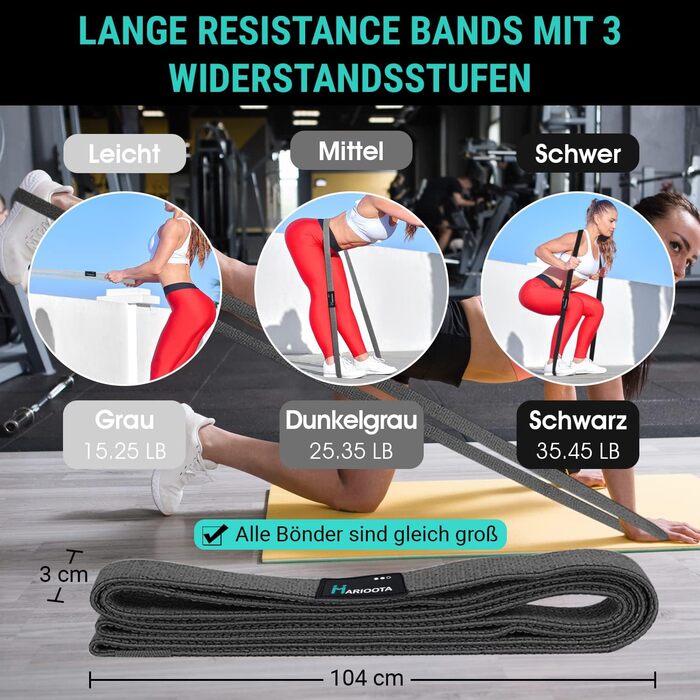Довгі тканинні фітнес-браслети MARIOOTA 3 різні стрічки опору Сумка для перенесення з ручками та дверними анкерами, стрічки опору для чоловіків/жінок (довгі фітнес-браслети, СІРИЙ - ТЕМНО-СІРИЙ - ЧОРНИЙ)