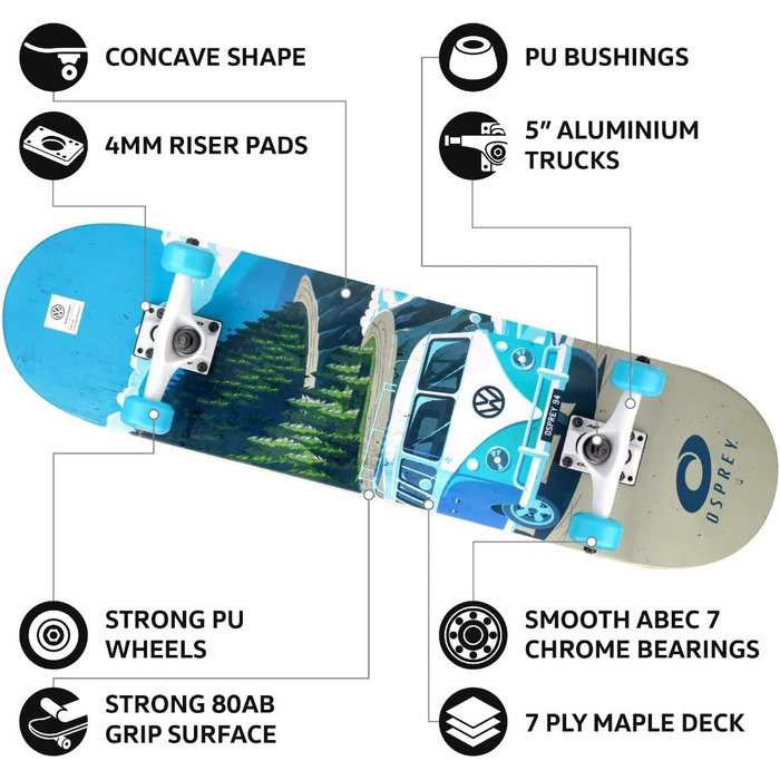 Скейтборд Osprey Volkswagen Absolute Beginner Double Kick Trick, 78,7 x 20,3 см Maple Deck Explorer