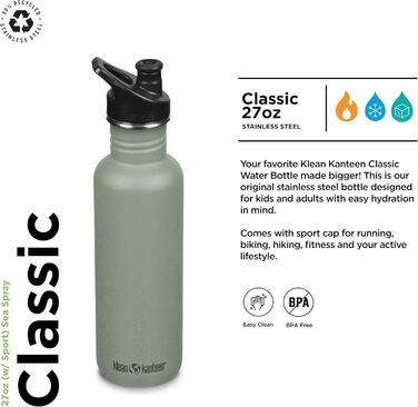 Пляшка для води Klean Kanteen Classic 800 мл, нержавіюча сталь, колір Морський бриз