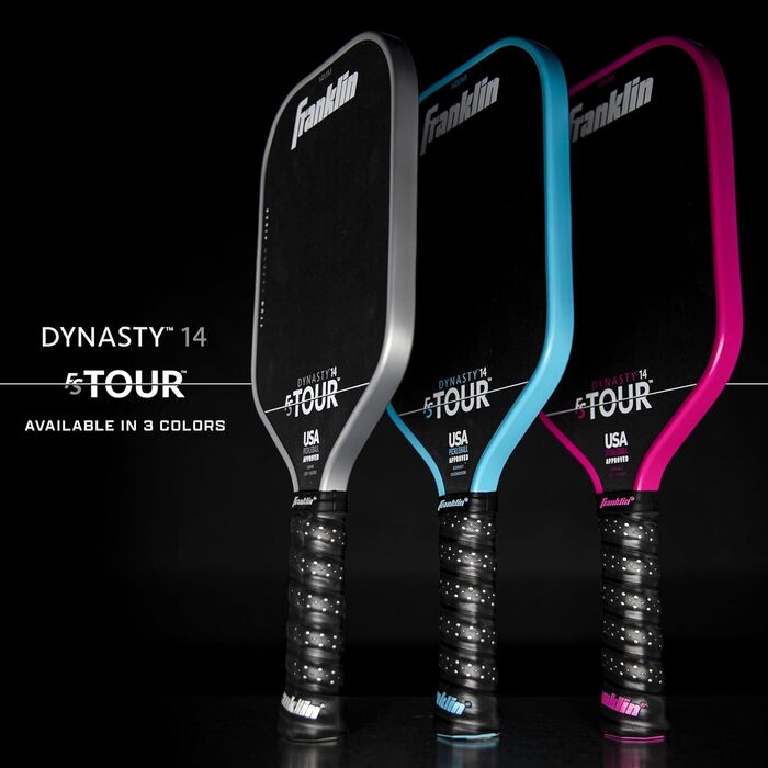 Професійна ракетка для піклболу Franklin Sports FS Tour Series з сирого карбону T700, затверджена USA Pickleball, цільна конструкція з епоксидною смолою, моделі Dynasty і Tempo, товщина 14/16 мм, сірий, синій, рожевий
