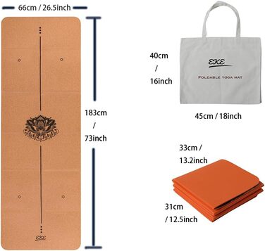 Складаний килимок для йоги EKE Cork, товщина 5 мм, стандартний розмір, складний, легкий і портативний, ідеально підходить для йоги, пілатесу, фітнесу, спорту, тренувань, включає полотняну сумку для подарунка. Lotus Centerline 01