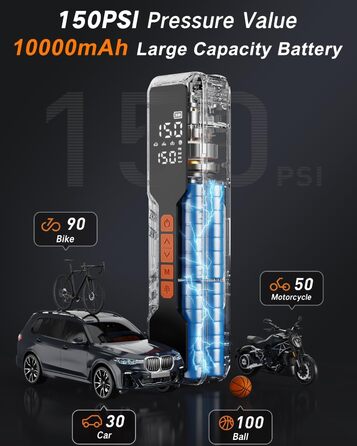 Електричний насос-компресор 150PSI, акумулятор 10000мАг, портативний, LCD-дисплей, для авто і велосипедів