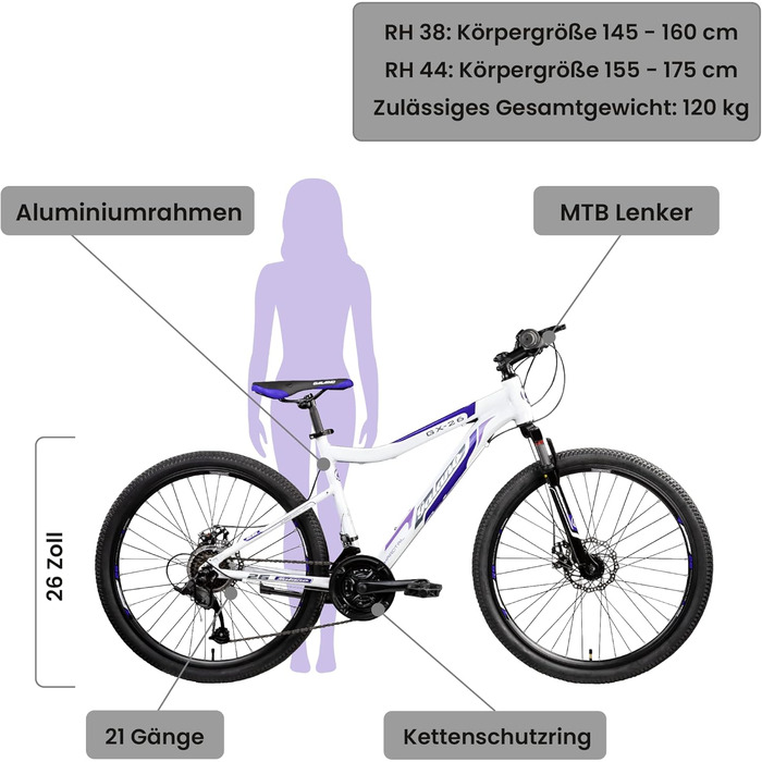 Гірський велосипед Galano GX-26 для підлітків та дорослих від 145 см Велосипед Hardtail 26 дюймів з амортизаційною вилкою 21 передача (білий/фіолетовий, 44см)