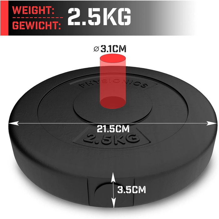 Фізіоніка Вагові пластини - Набір з 2 (2,5 кг / 5 кг / 10 кг / 15 кг), Ø 30 мм, пластик, чорний - Вагові пластини Набір ваг для гантелей/довгих гателів/гантелей (5 кг (2 х 2,5 кг))